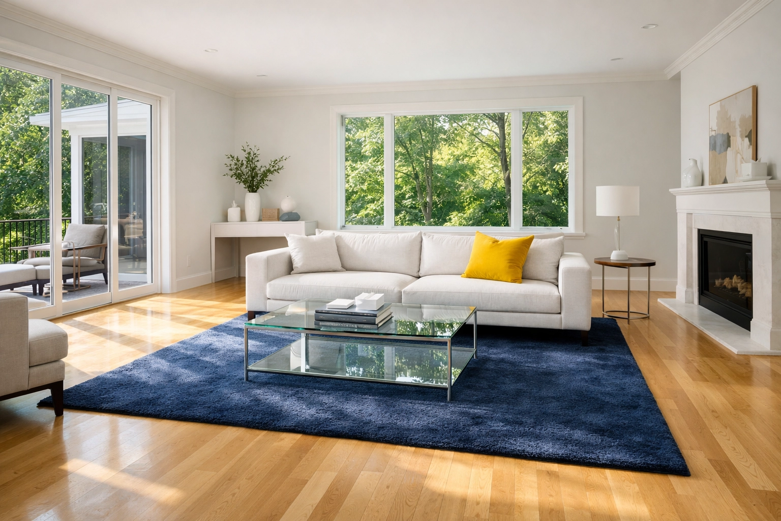 Sun-drenched modern living room reflecting high-quality house cleaning in Westford for local residents.