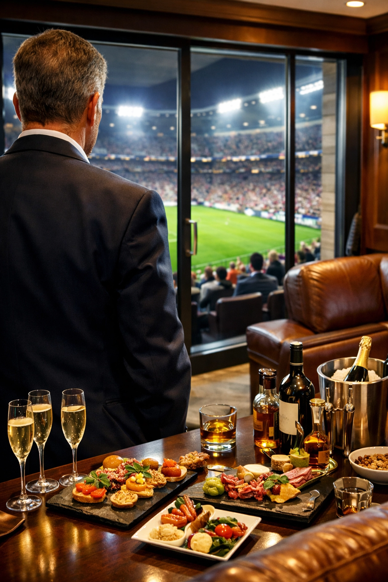 An executive entering a luxury Super Bowl stadium suite with a view of the field for high-end corporate hospitality.