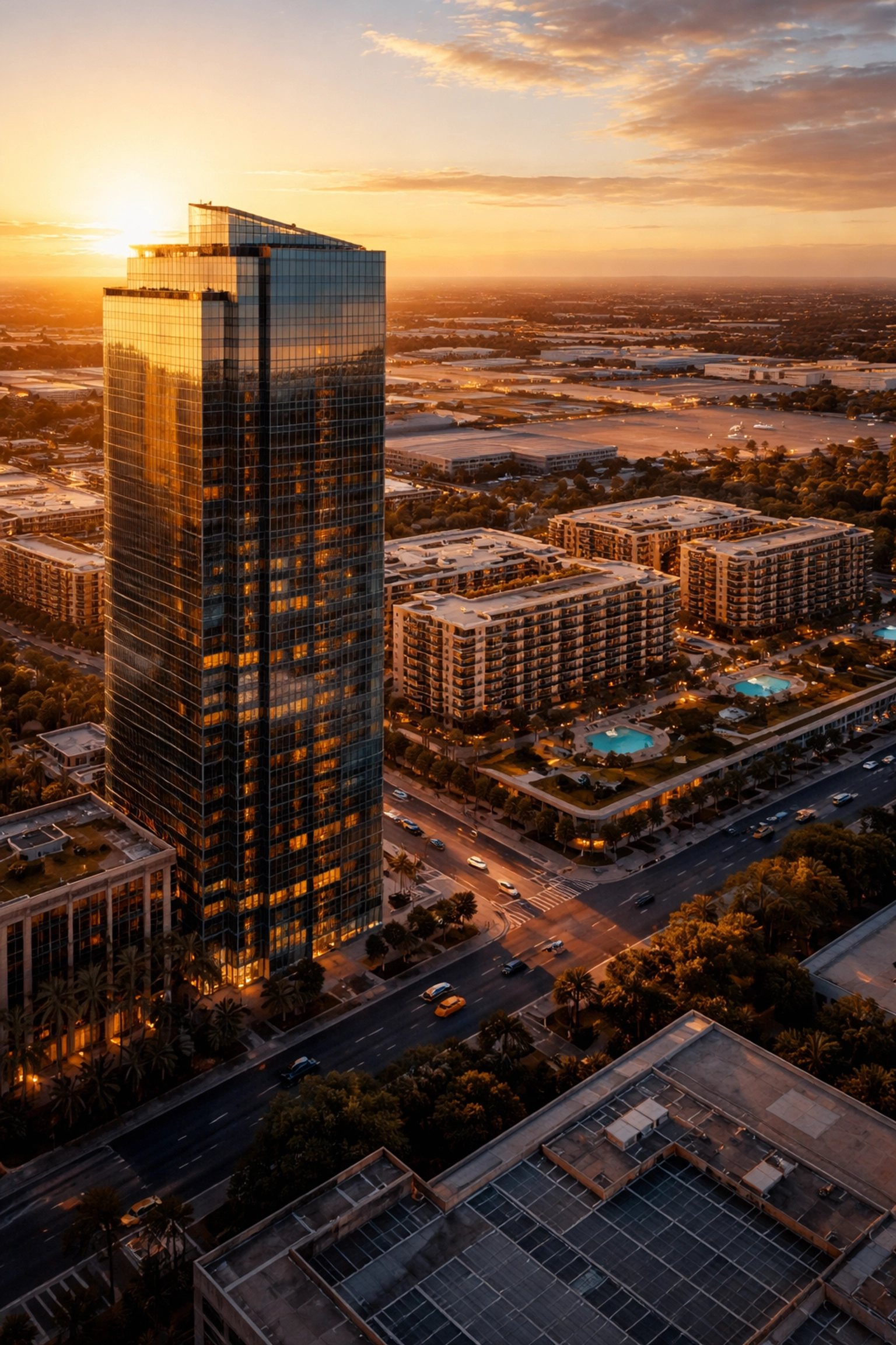 Aerial view of a luxury city skyline at sunset highlighting high-value real estate and institutional investment opportunities