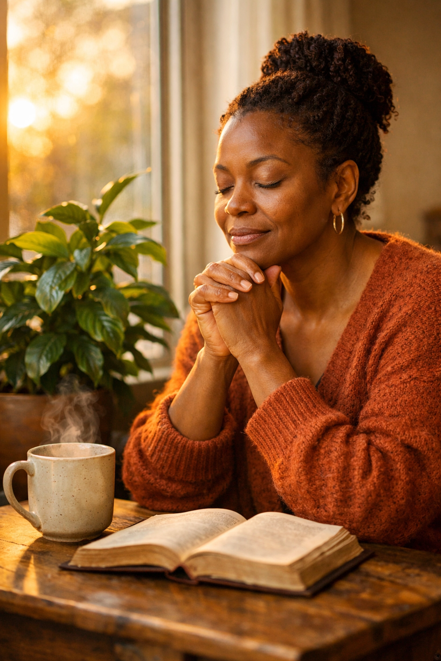 A woman in quiet prayer by a sunlit window, choosing faith over fear during times of economic uncertainty.