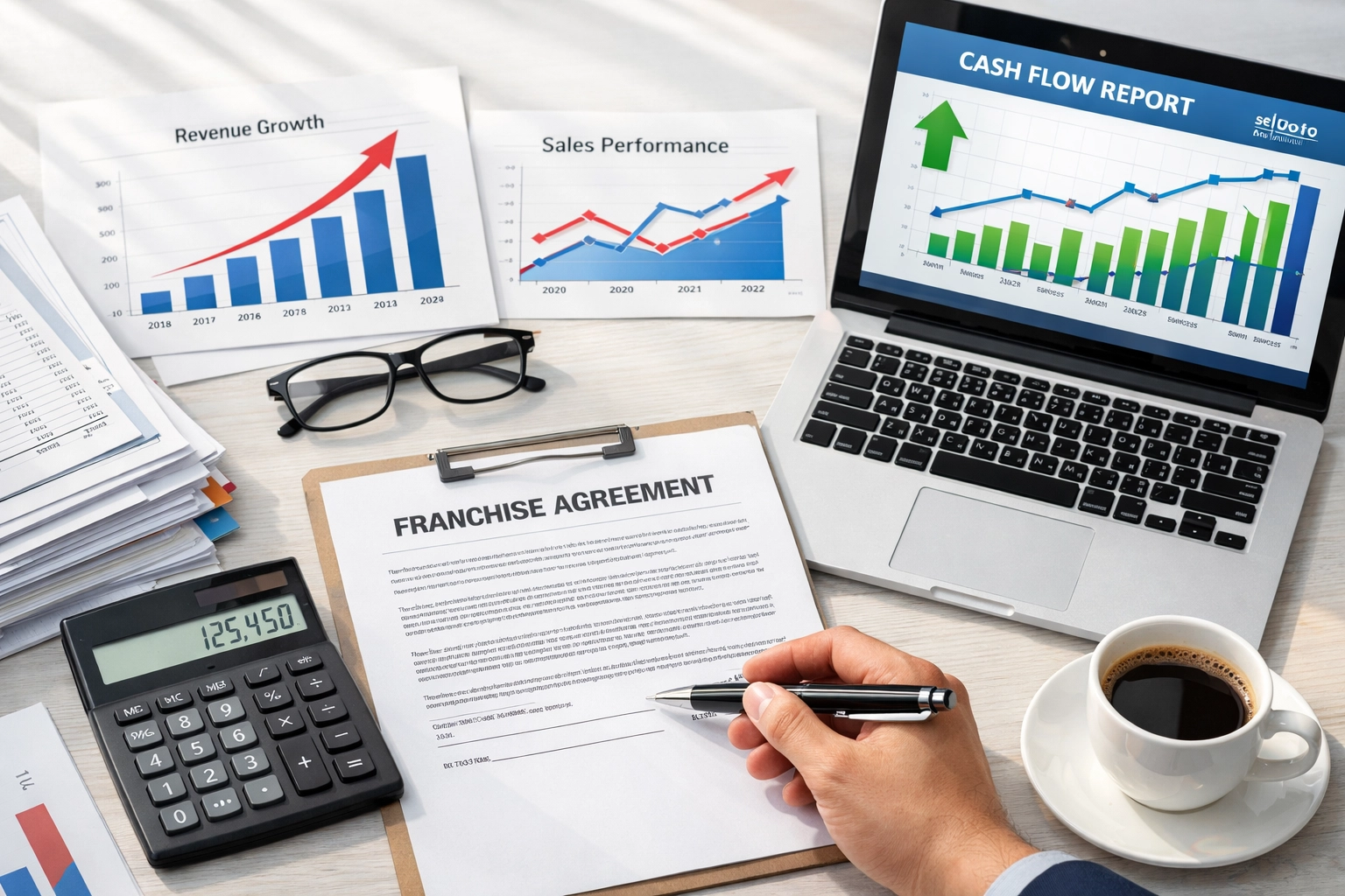 Financial documents and charts analyzing franchise startup costs and investment returns