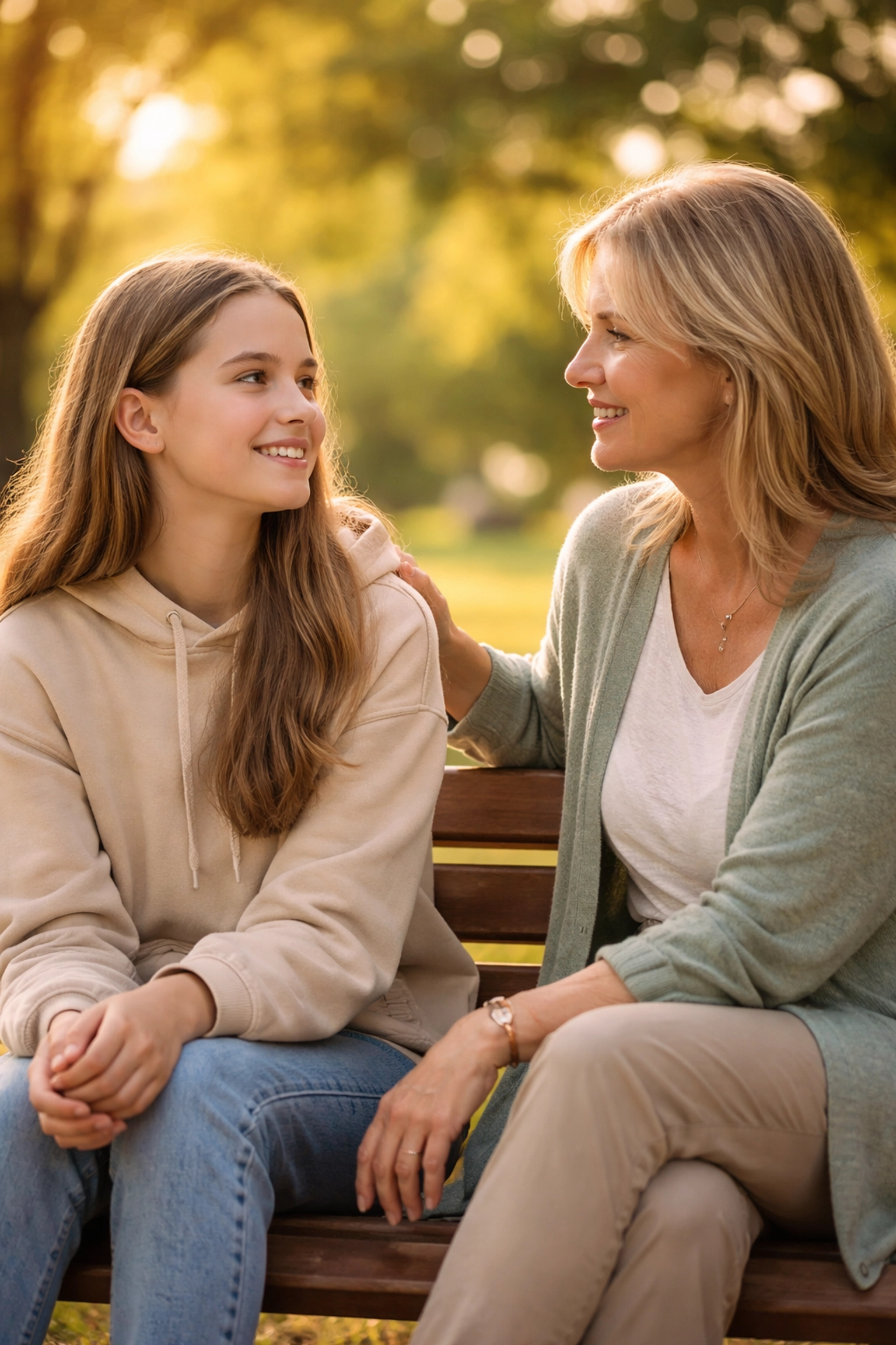 Teenage girl and mentor sharing a meaningful conversation on a park bench, highlighting trusted adult support.