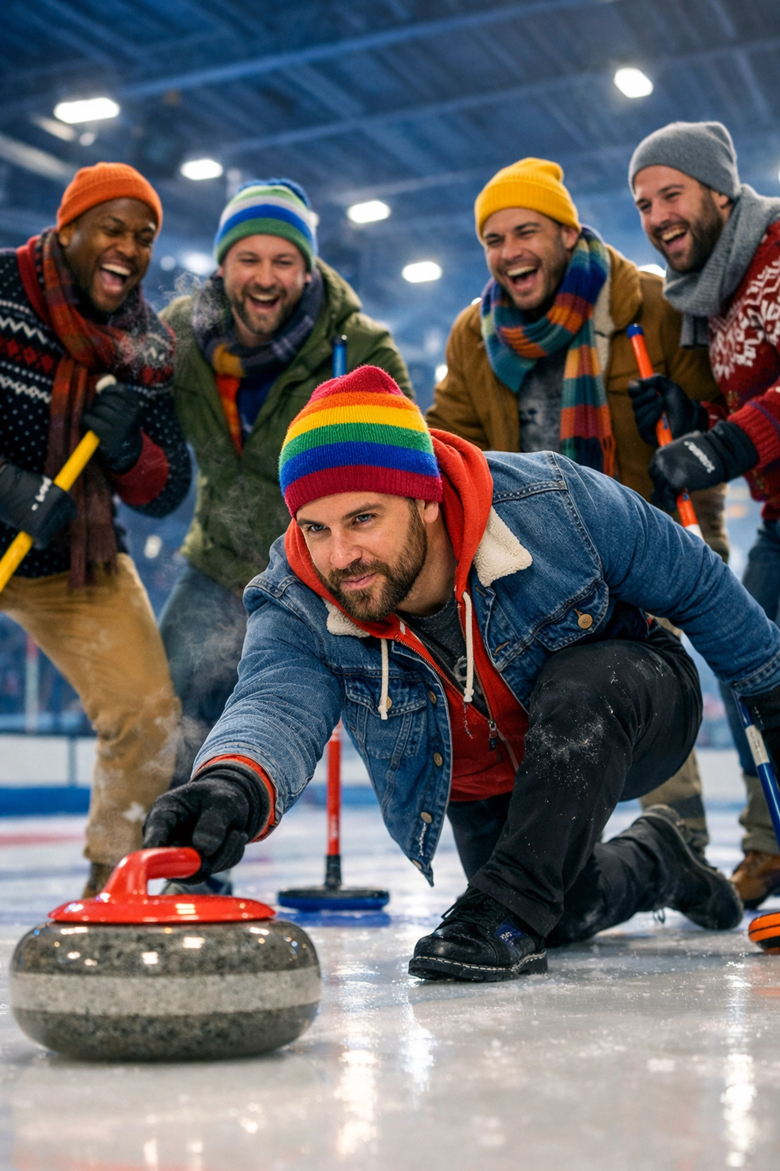 Group of gay men playing curling at a winter sports event with rainbow accessories.