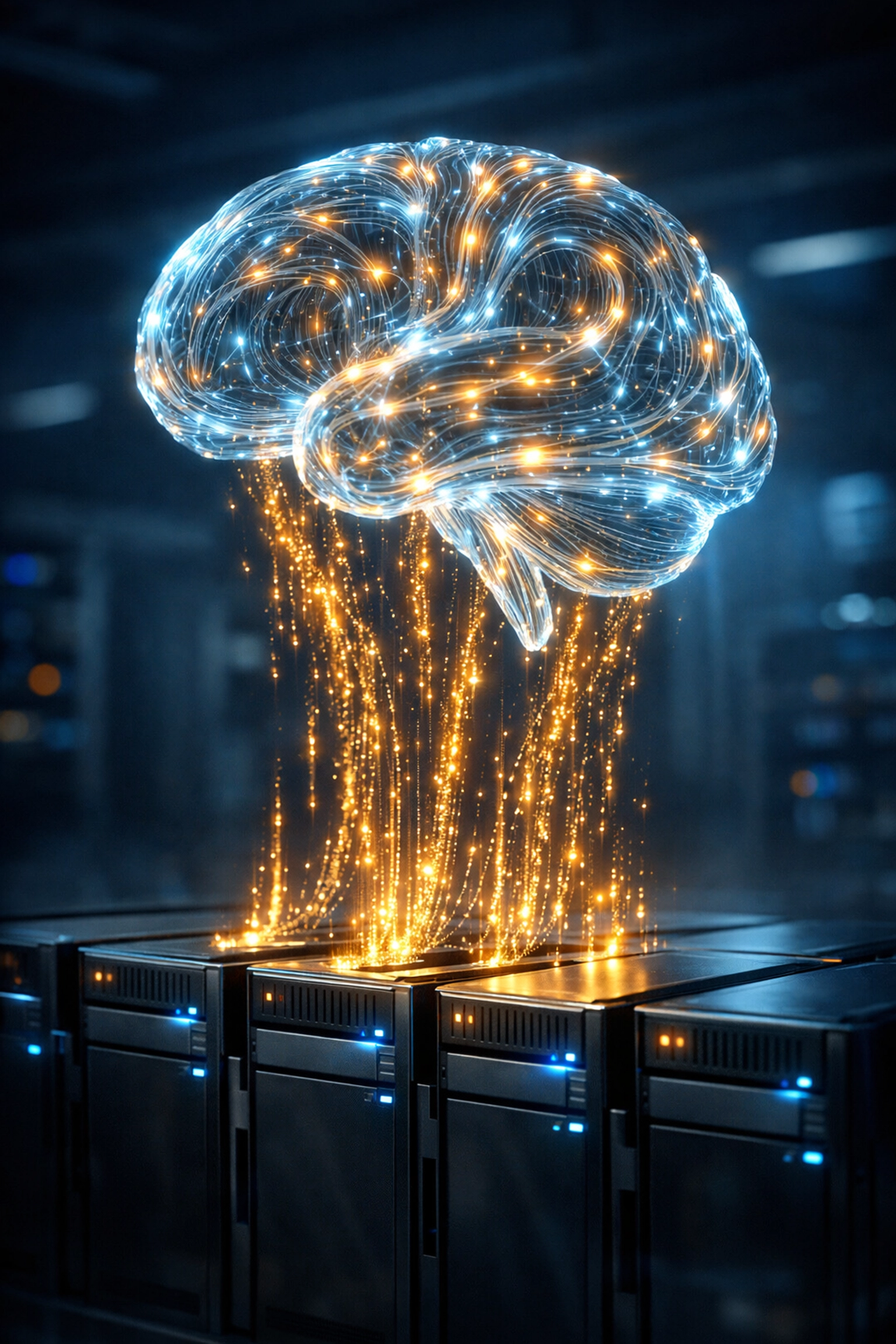 Digital brain silhouette pulling data from servers to illustrate RAG architecture and AI learning.
