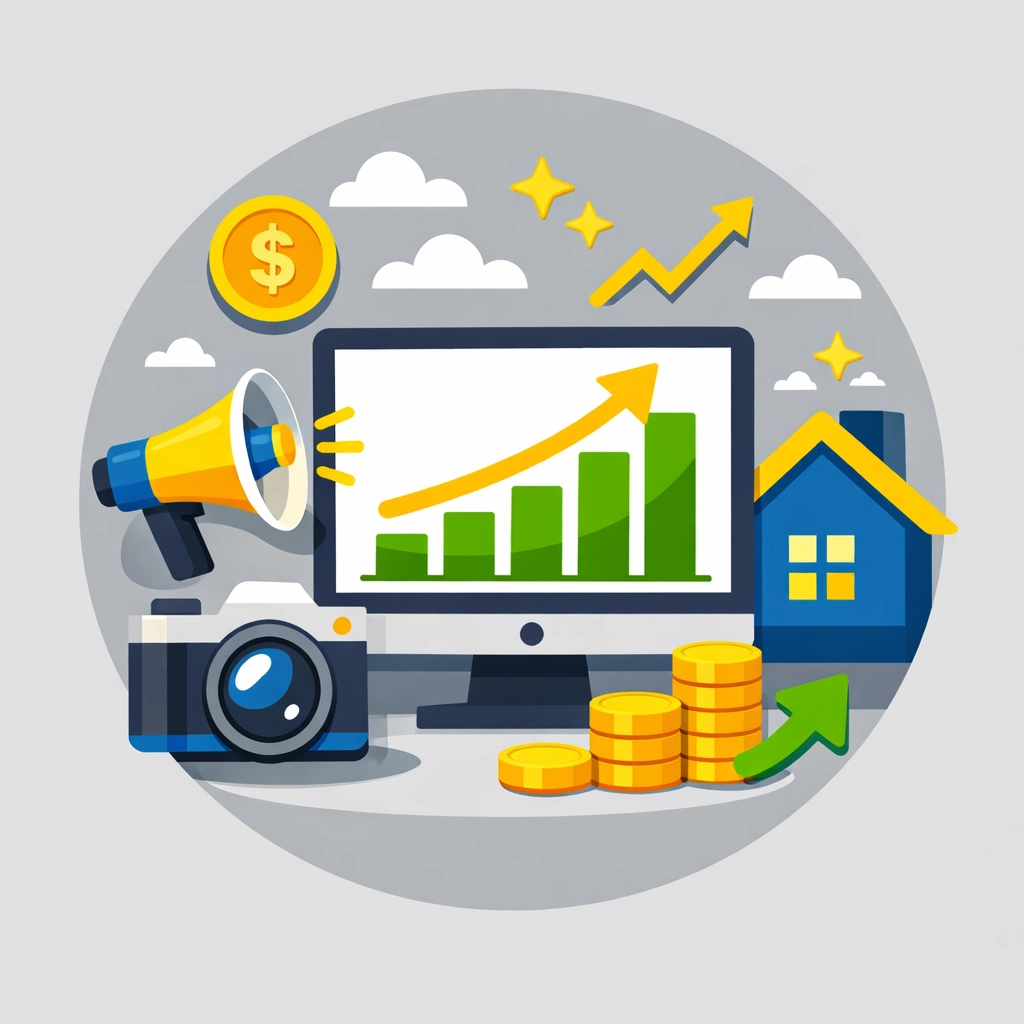 Small business growth icons representing marketing deductions and tax planning for a maximized refund.