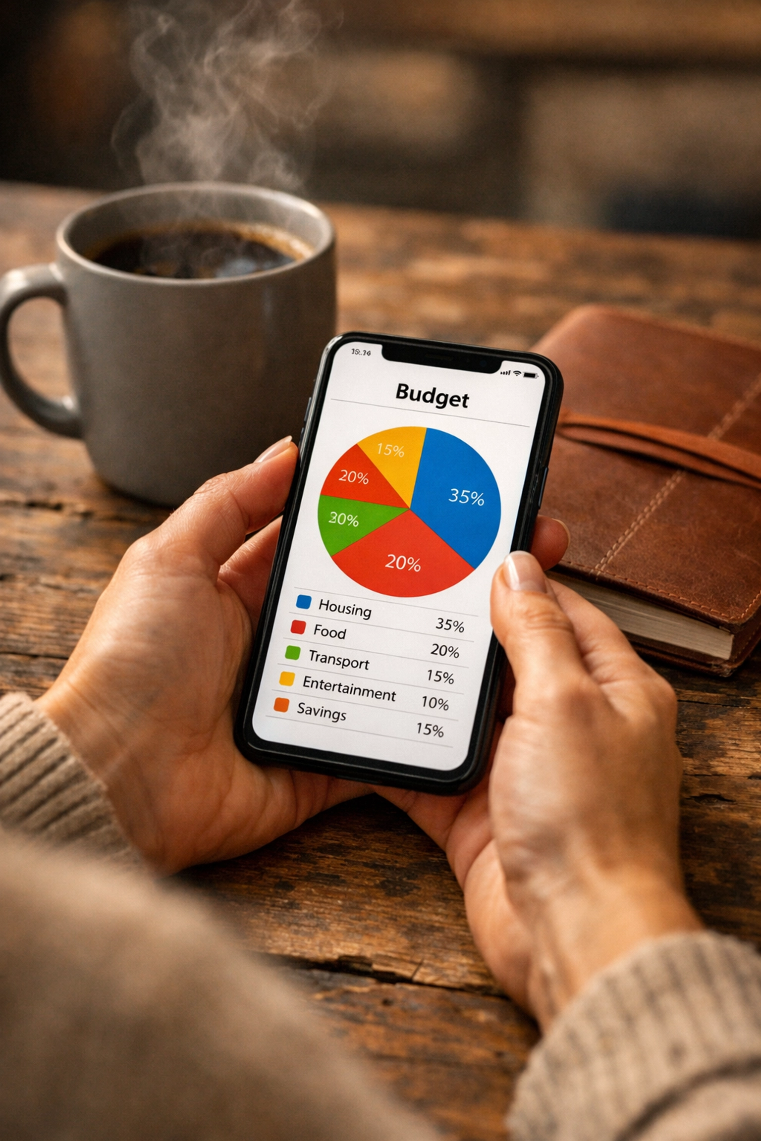A person using a mobile budgeting app to track daily expenses and visualize their monthly spending habits.