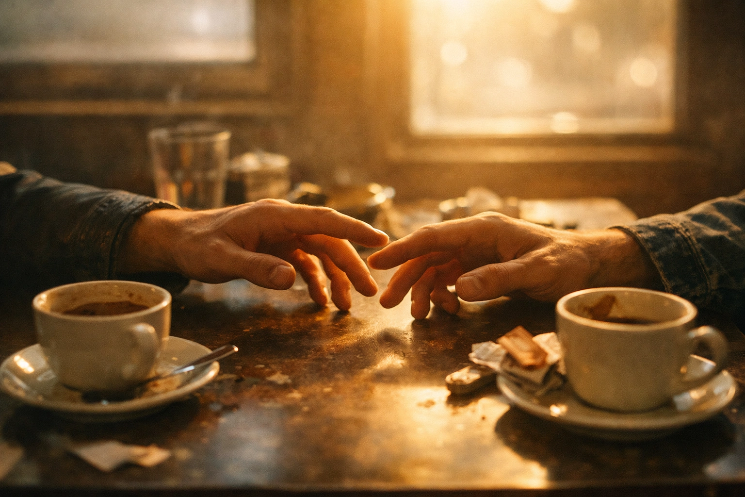 Intimate moment between two men at sunrise cafe in MM romance Trick