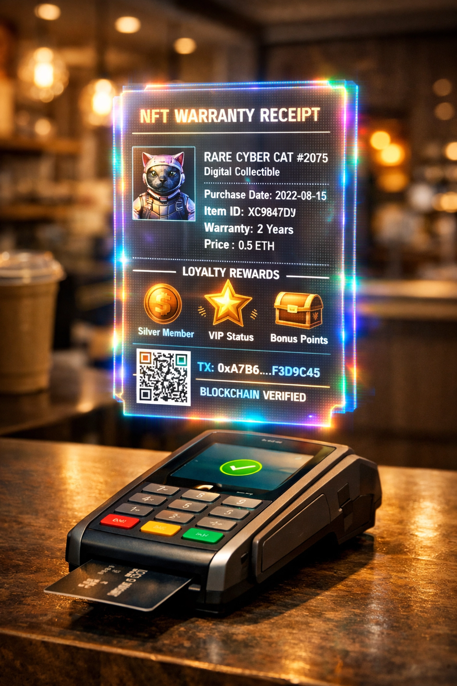 NFT receipt displaying transaction details above modern merchant payment terminal