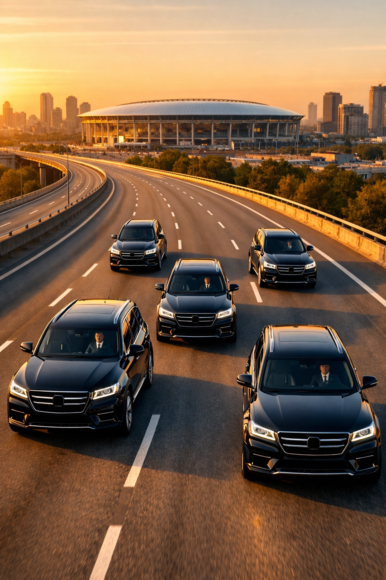 Luxury corporate transportation convoy arriving at Super Bowl stadium