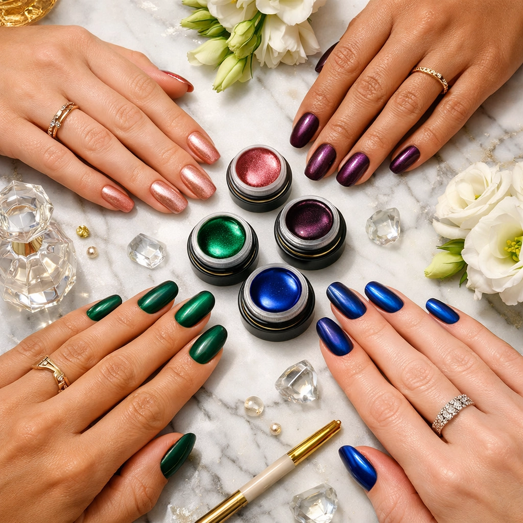 Multiple magnetic cat-eye gel nail colors including rose gold, plum, emerald, and sapphire blue