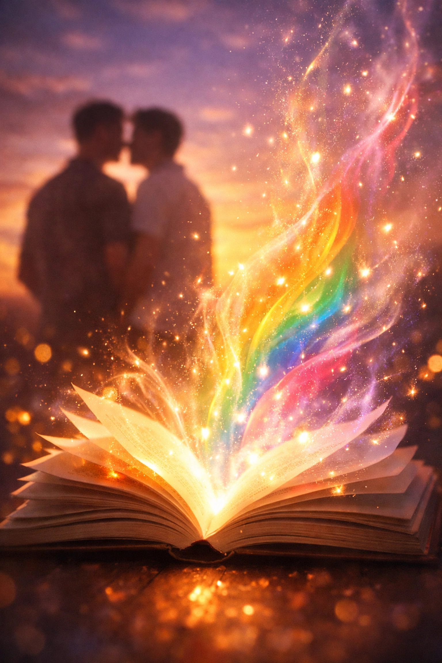 Glowing book with male couple silhouettes representing emotional impact of MM romance novels