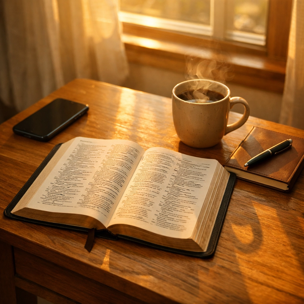 Open Bible and coffee on bedside table with phone face-down showing morning devotional priority