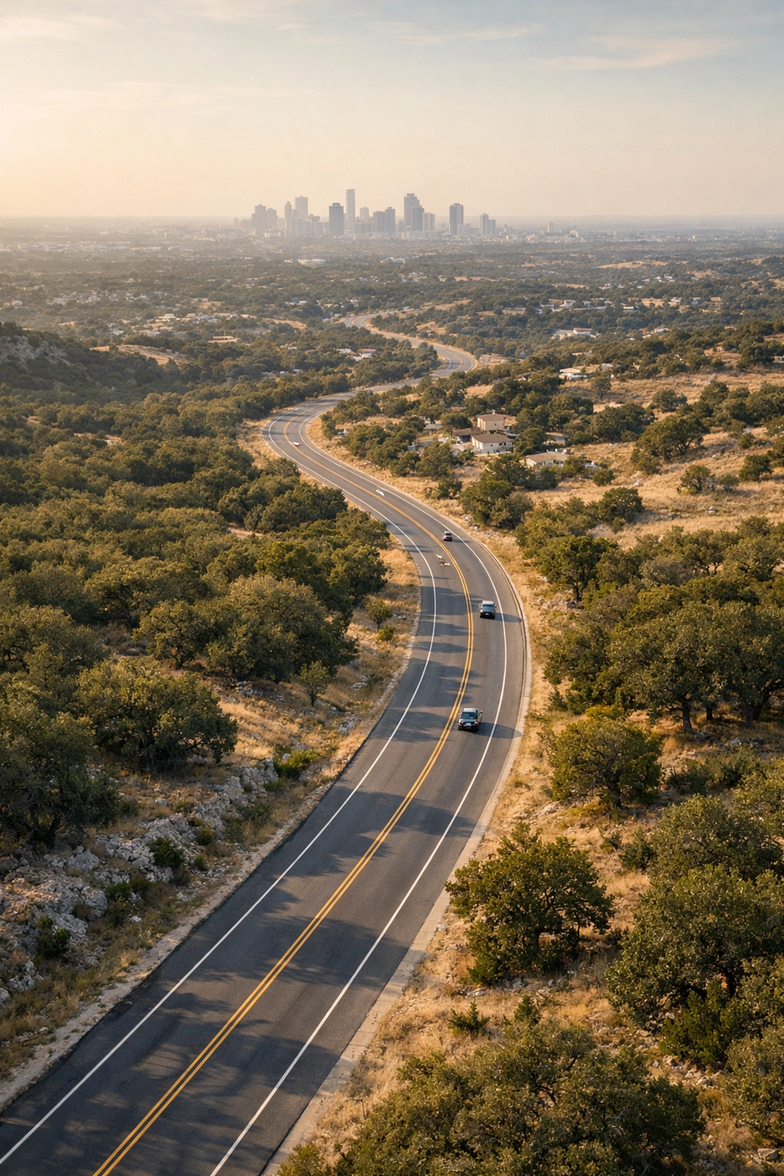 Texas highway leading from city to peaceful Hill Country landscape for addiction treatment