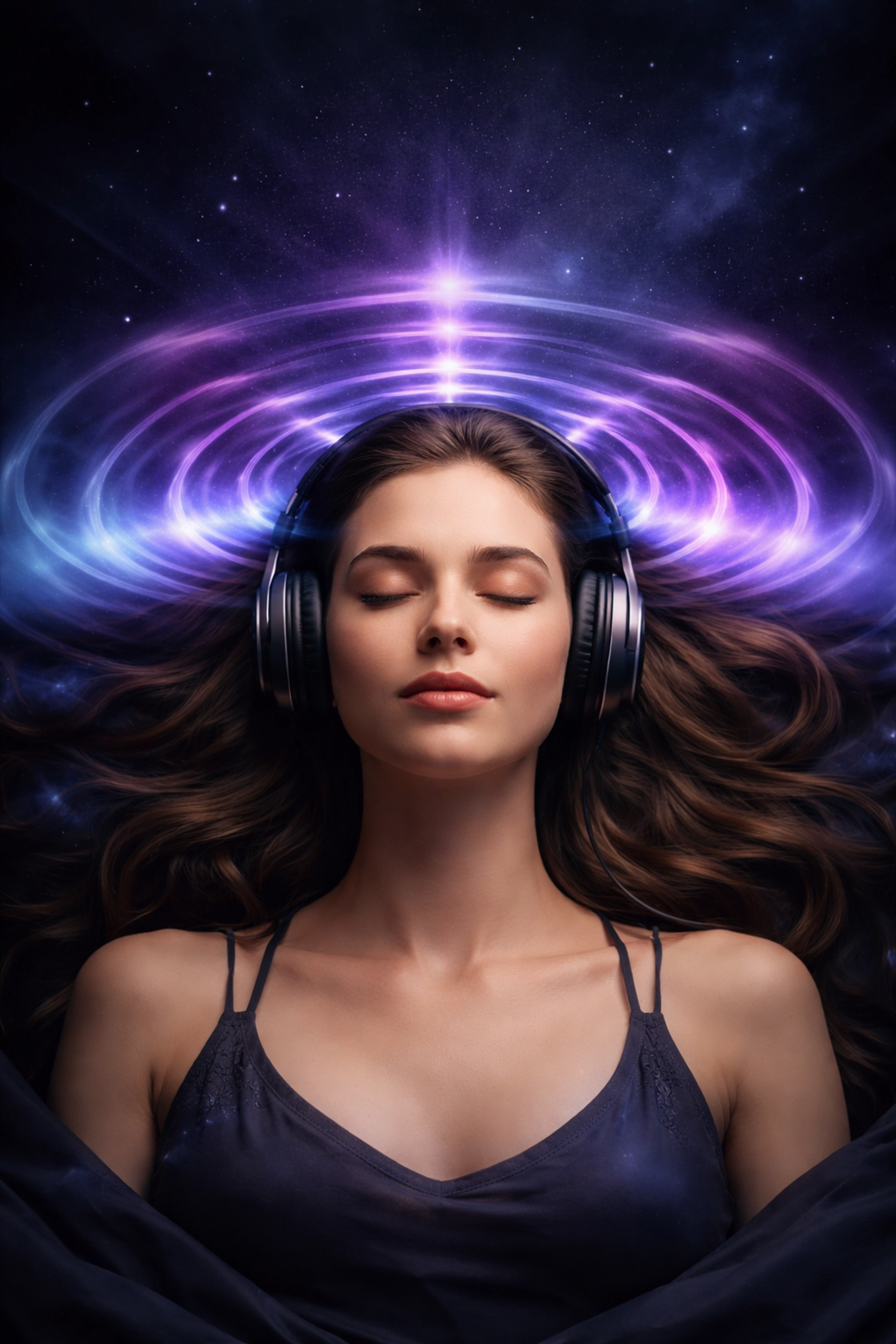 Woman wearing headphones surrounded by sound wave ripples, illustrating brainwave entrainment and sound healing benefits.
