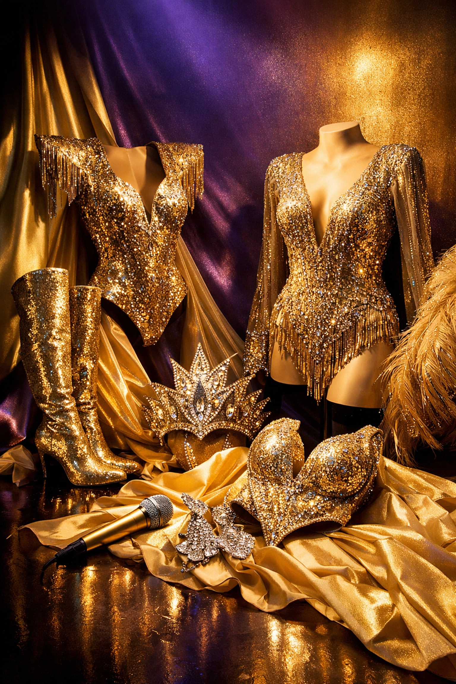 Glamorous gold sequined Eurovision stage costumes and diva performance outfits