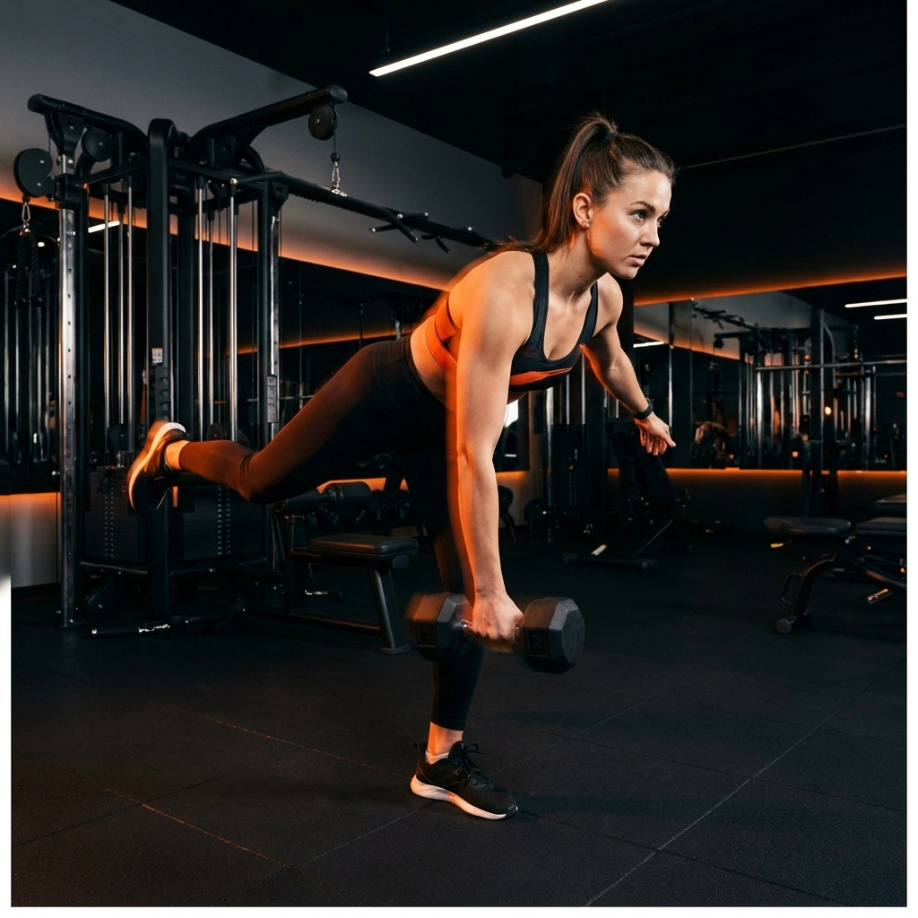 Athlete performing single-leg deadlift in gym, showing strength training for marathon runners.
