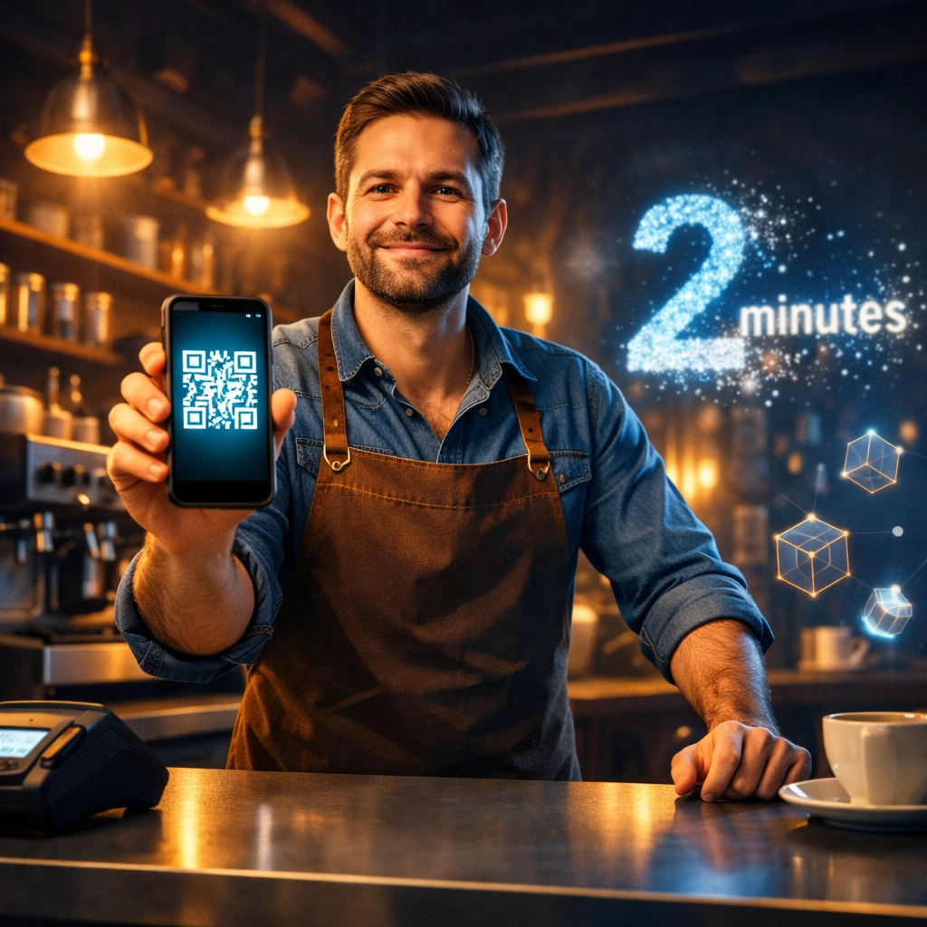 Coffee shop merchant using smartphone QR code to accept crypto payments with quick and easy setup
