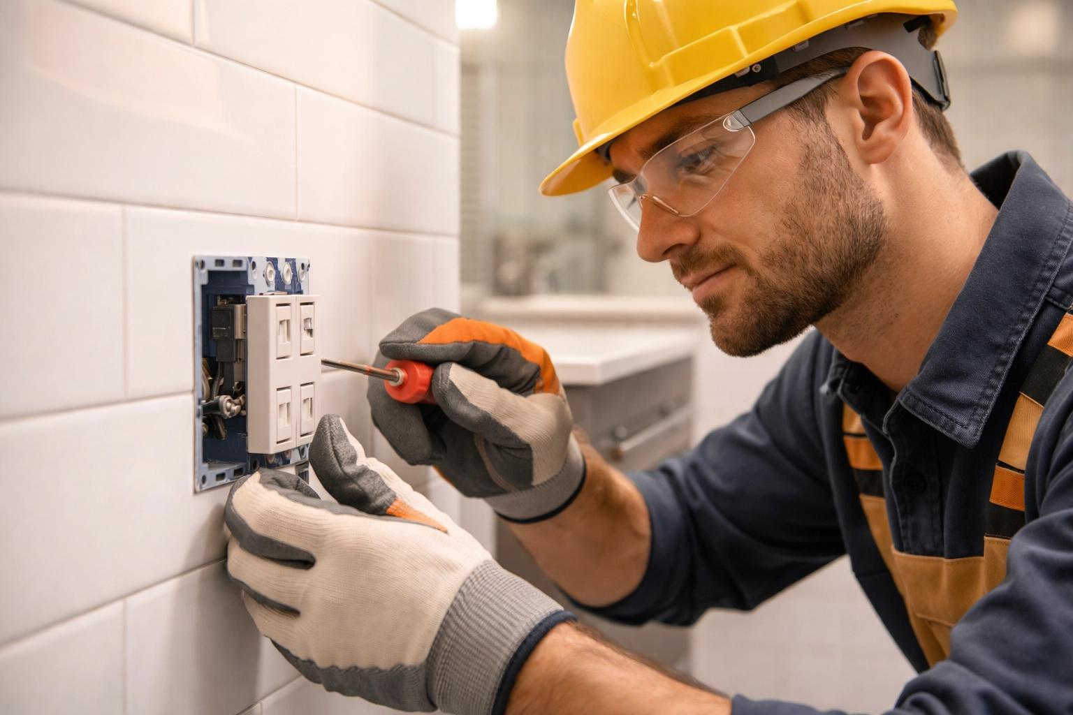 Professional electrician installing a GFCI outlet, ensuring electrical safety for Michigan homeowners.