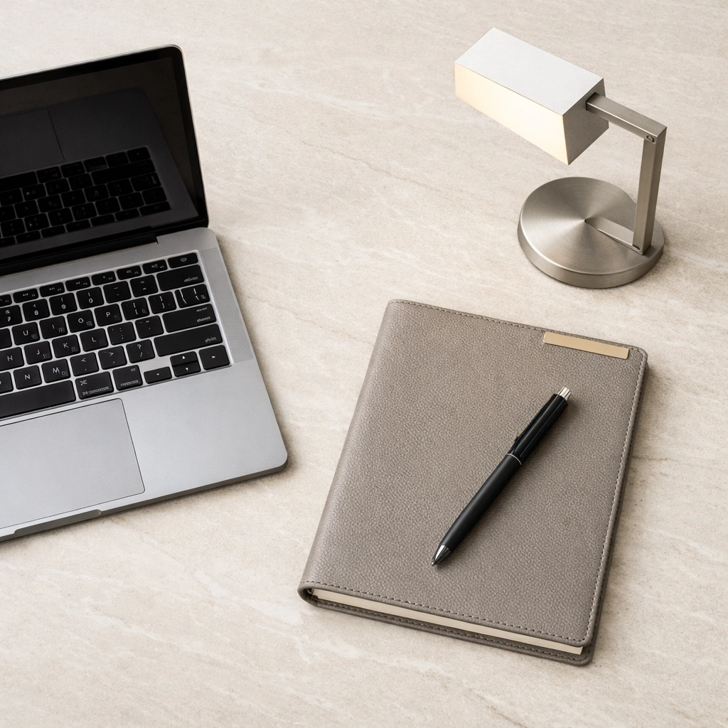 Organized hotel office with a laptop, focusing on operational excellence and automation.