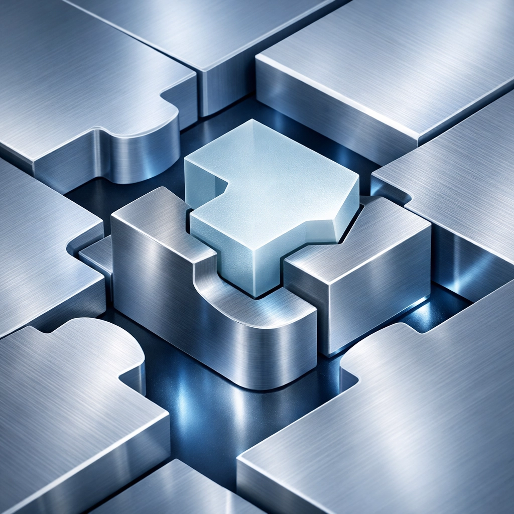 Bespoke software components interlocking to represent custom web application architecture.