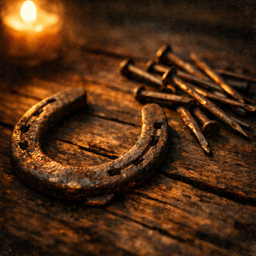Weathered iron horseshoe and nails for traditional folk magic protection
