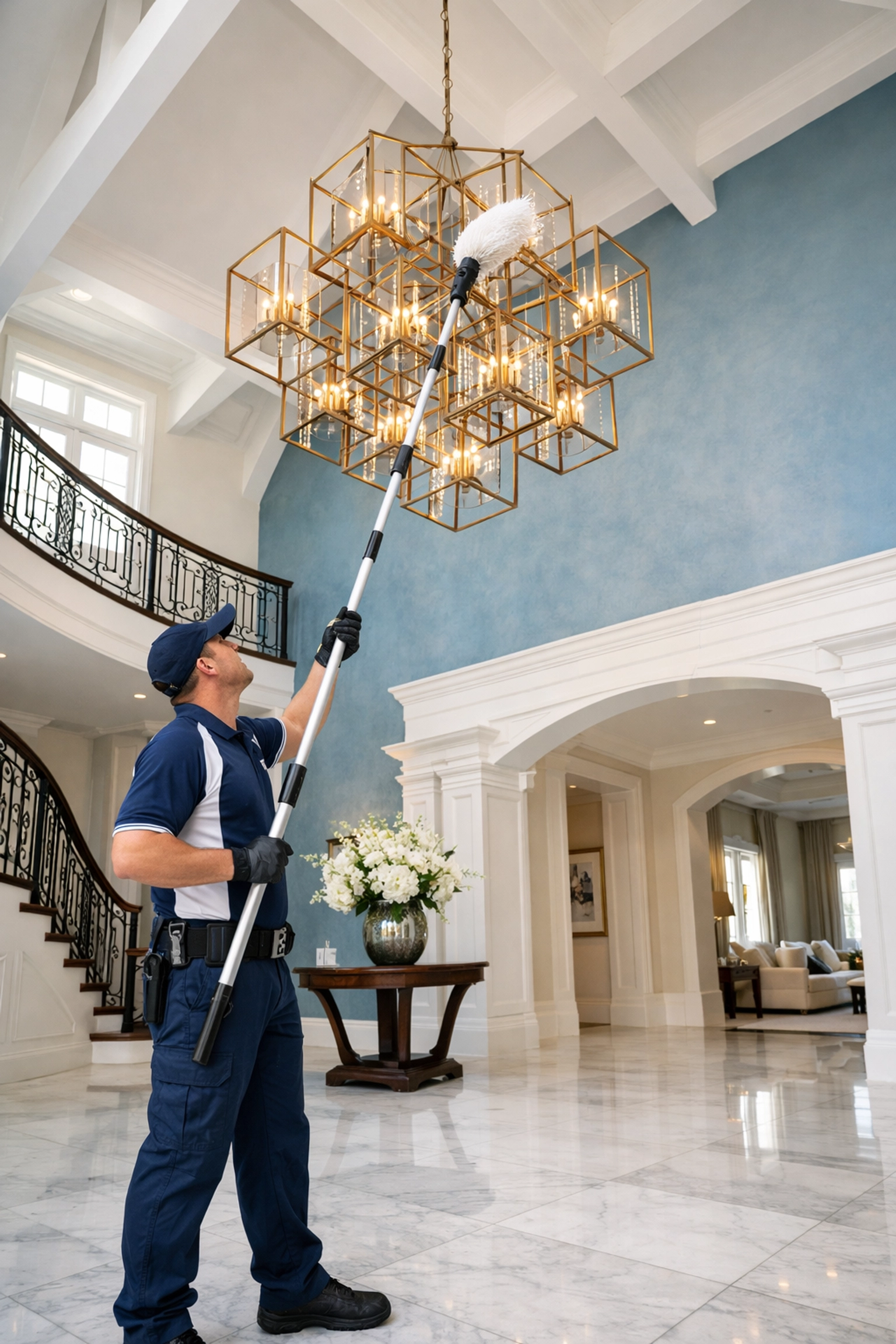 A professional cleaner dusting a luxury chandelier during a post construction cleaning service in Boxborough.