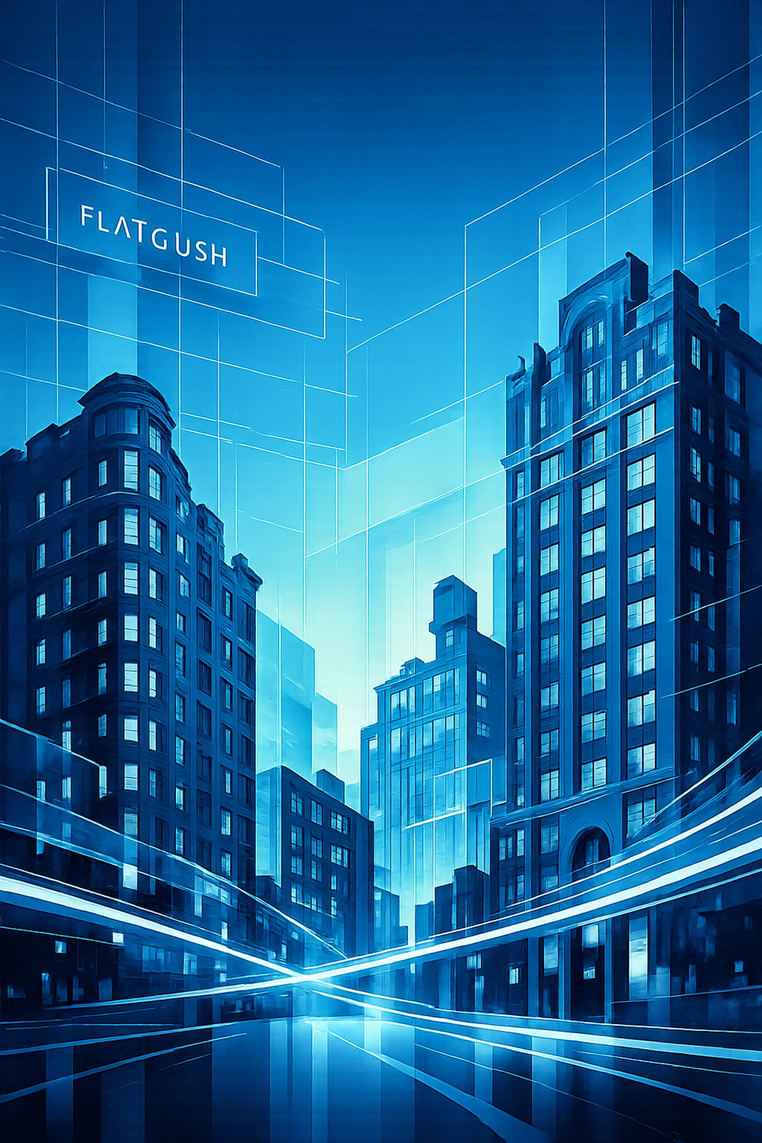 Stylized Flatbush pre-war apartment buildings showing the intersection of property management and city regulations.