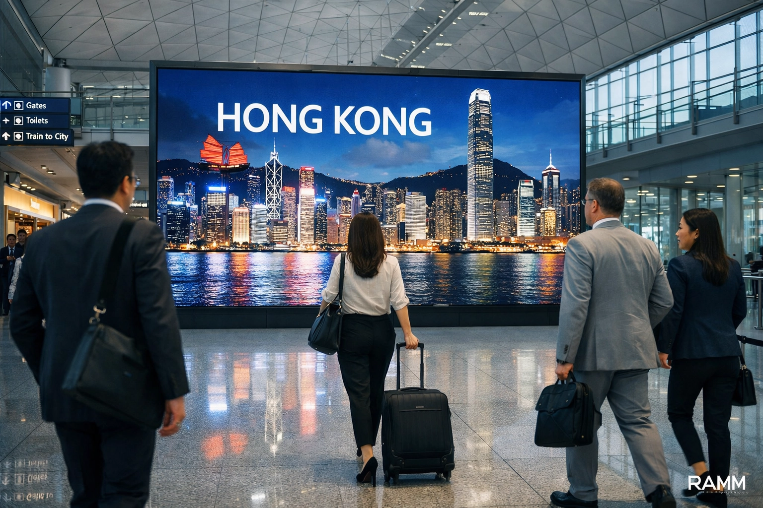 Professional digital display at a Hong Kong transit hub capturing the attention of global travelers.