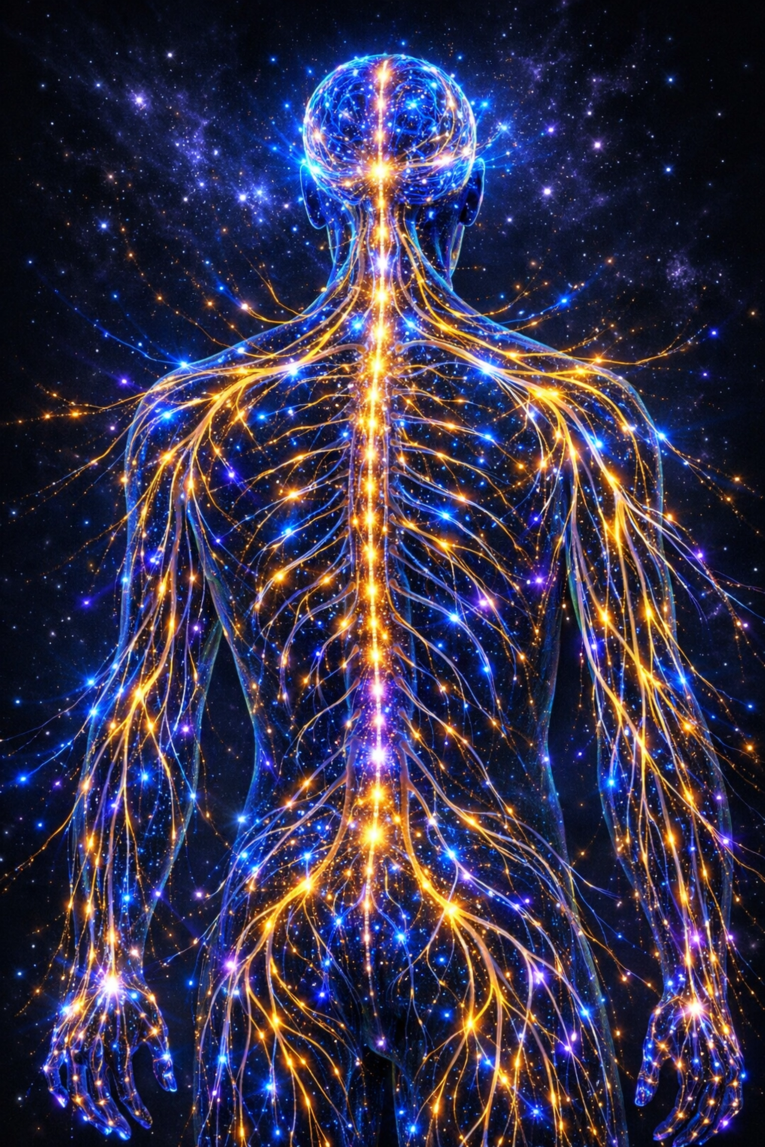 Cosmic visualization of a glowing human nervous system representing high performance neural activity.
