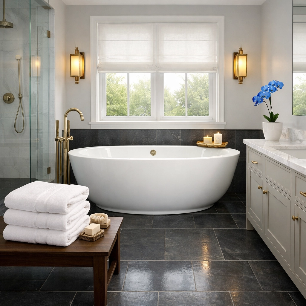 Luxury residential cleaning Norwell MA showcasing a deep soaking tub and spotless slate bathroom tiles.