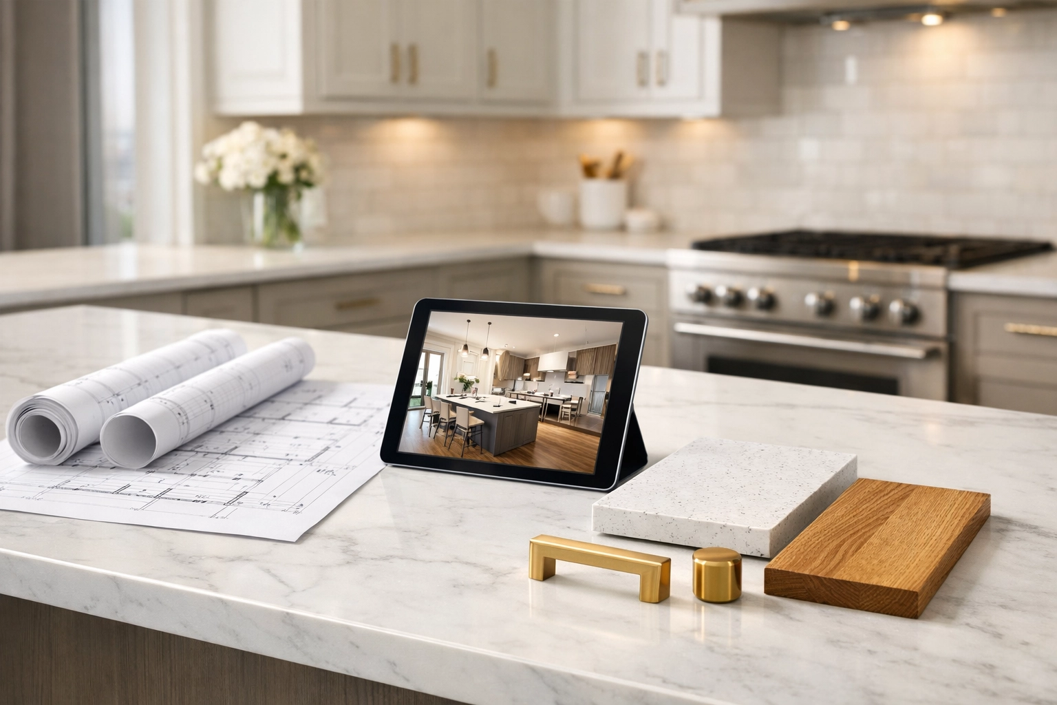 Orlando kitchen remodeling planning with blueprints and high-quality material samples on a marble island.