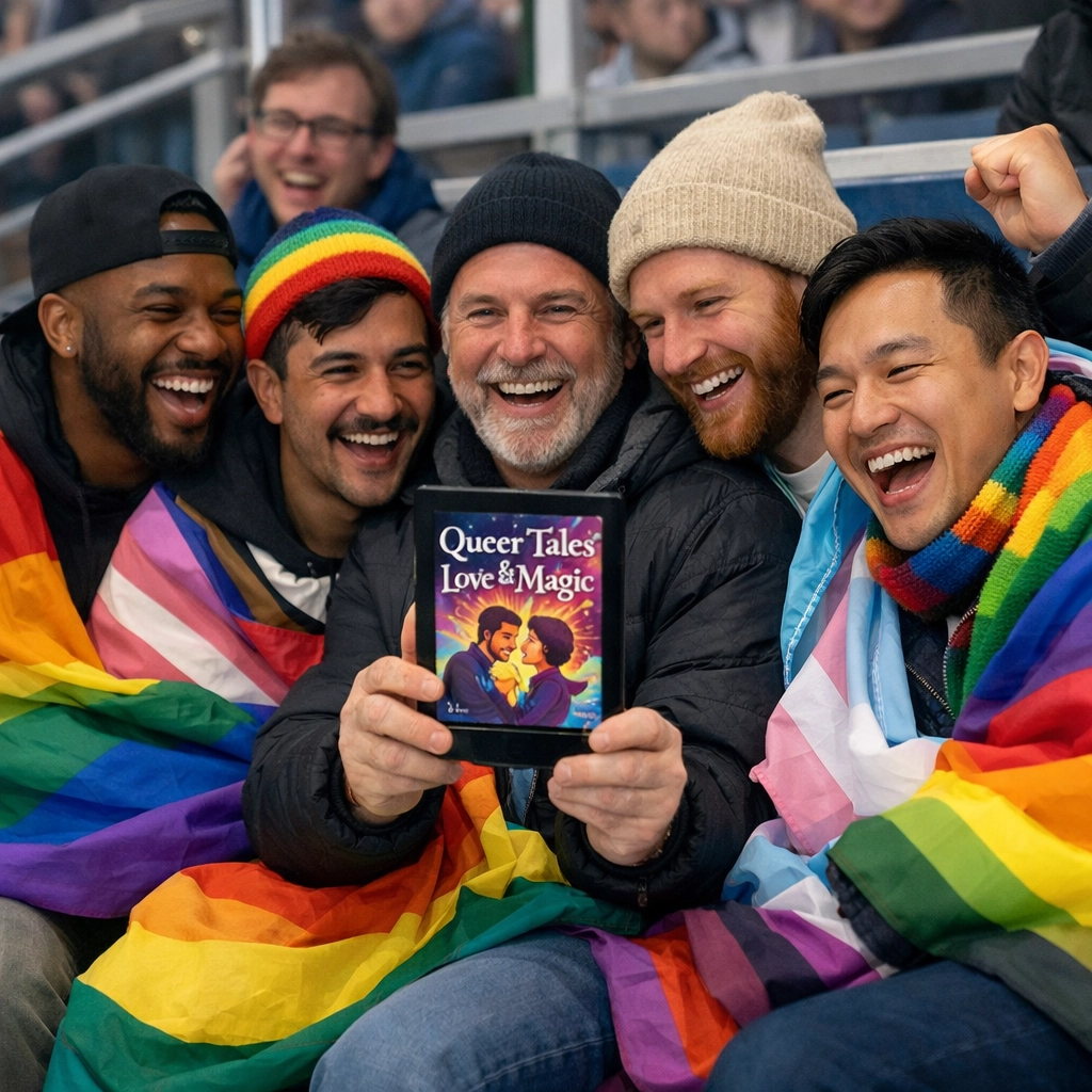 Diverse queer men reading LGBTQ+ ebooks and celebrating at a hockey game.