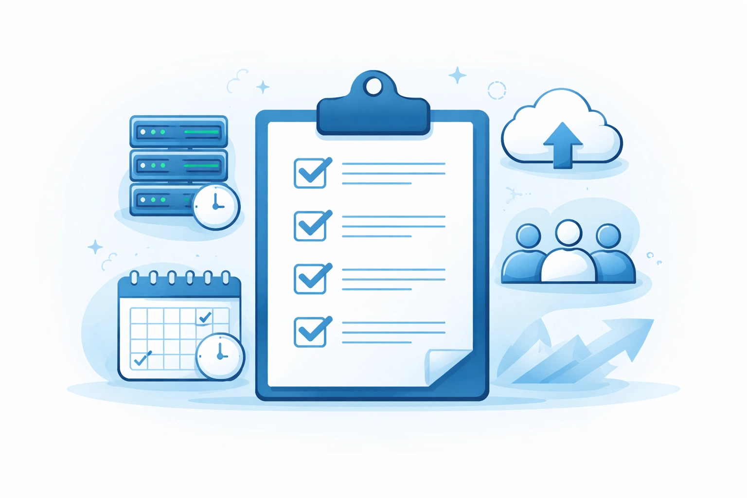 A checklist clipboard with icons for servers and clouds, highlighting organized data recovery planning
