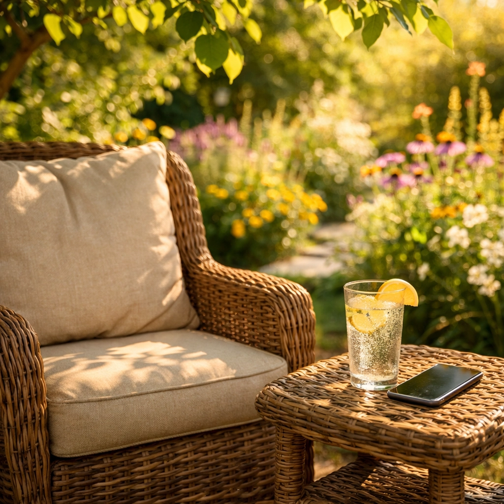 A shaded garden rest area with water and a mobile phone to stay safe and connected.