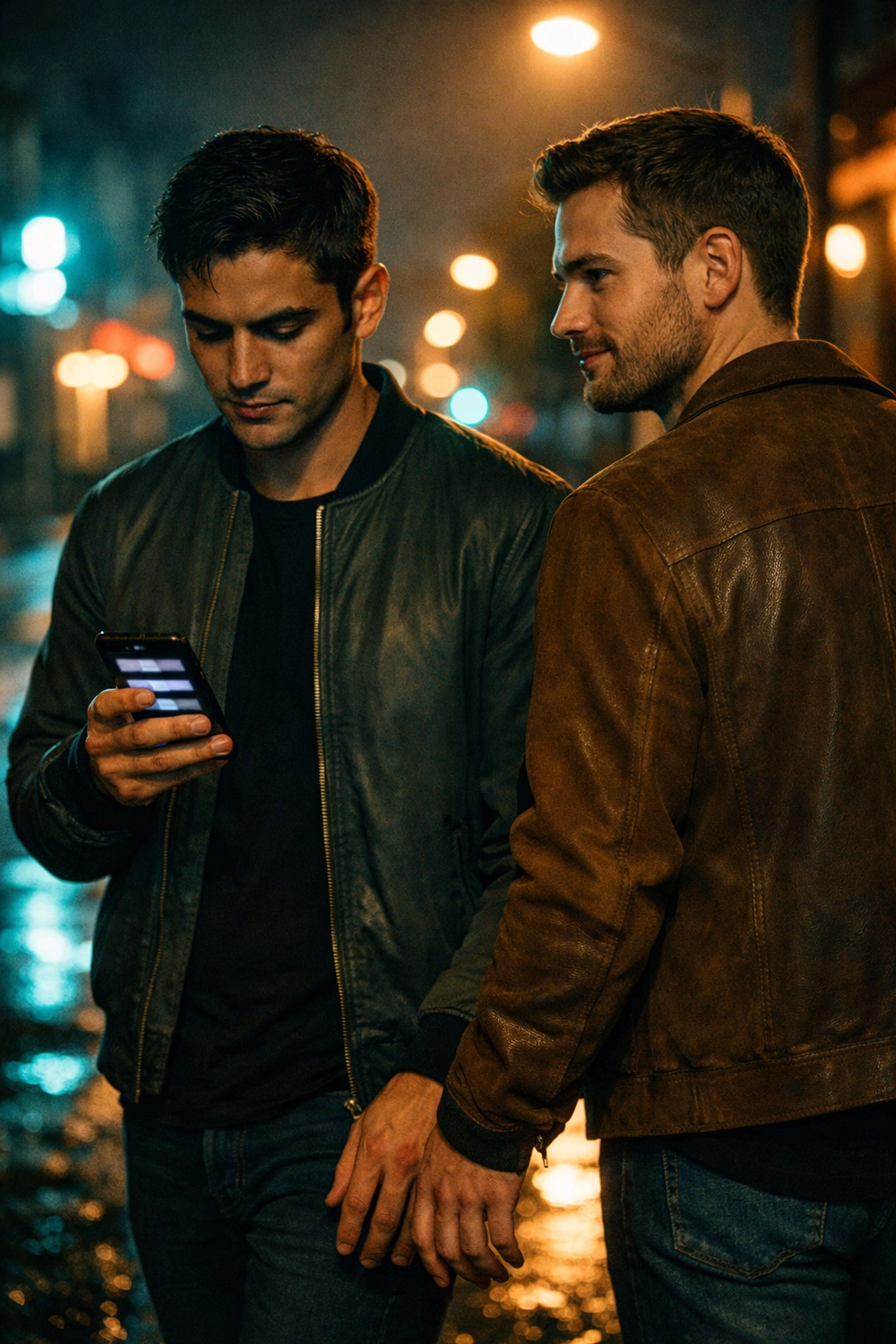 Gay couple walking at night, illustrating the uncertainty before having a relationship exclusivity talk.