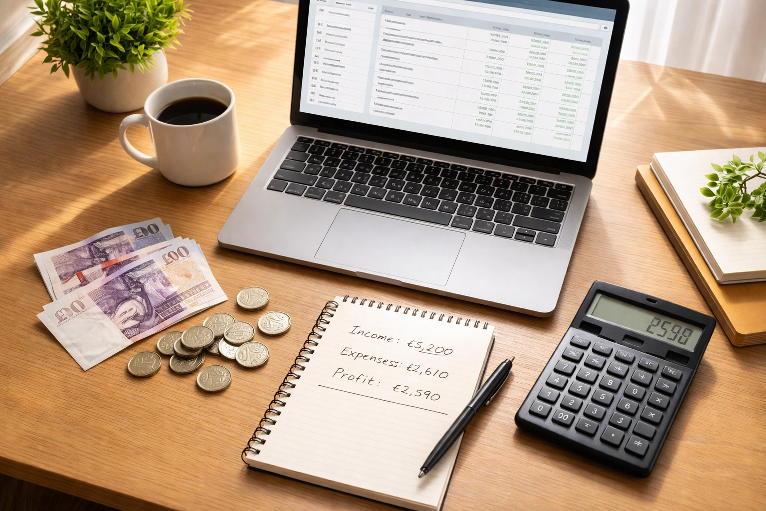 Overhead view of a founder’s desk with a laptop, budget notes, and British money, illustrating product pricing strategies.