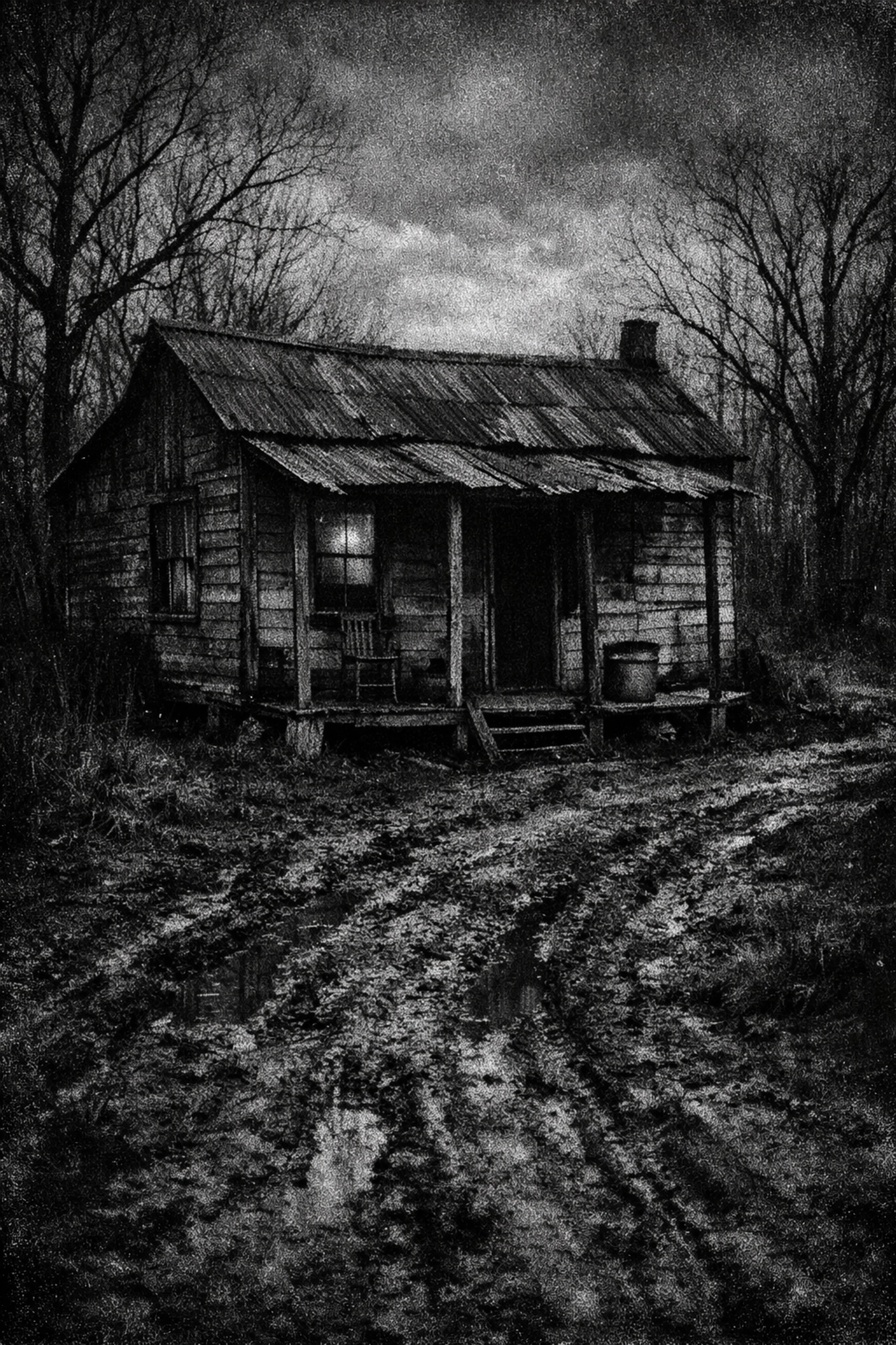 A black and white photo of Elvis Presley's childhood shotgun house in Tupelo, Mississippi.