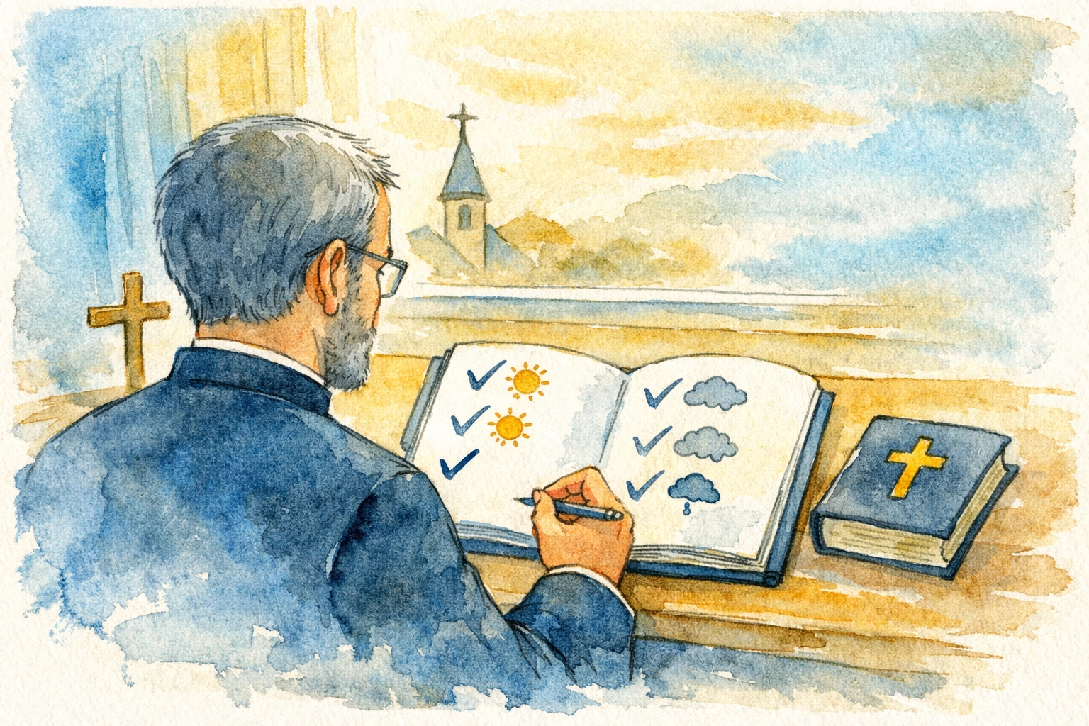 Ministry leader conducting energy audit with journal to identify draining tasks and energizing activities