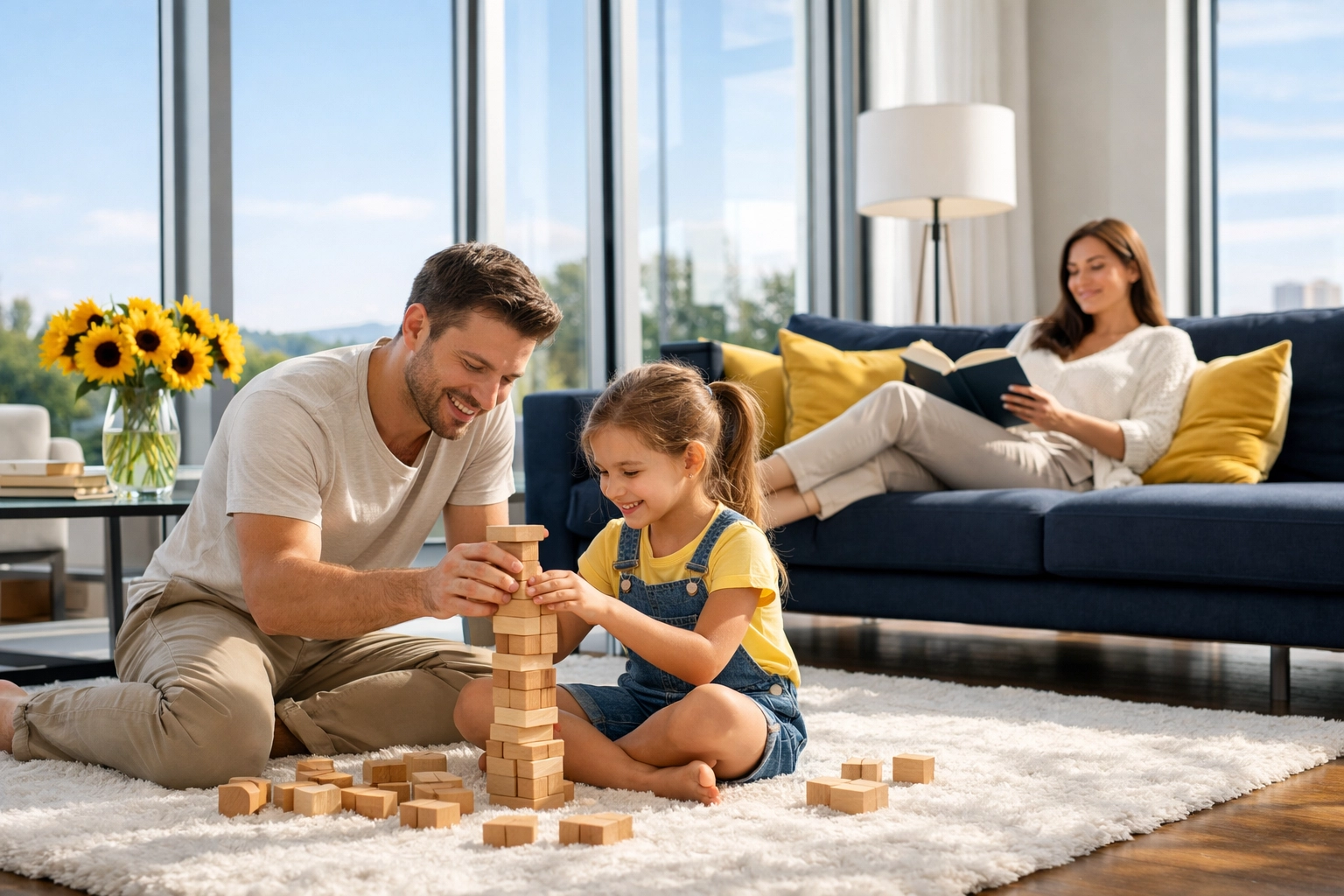A family relaxes in a clean living room after a weekly house cleaning service by The Cleaning Ninjas.