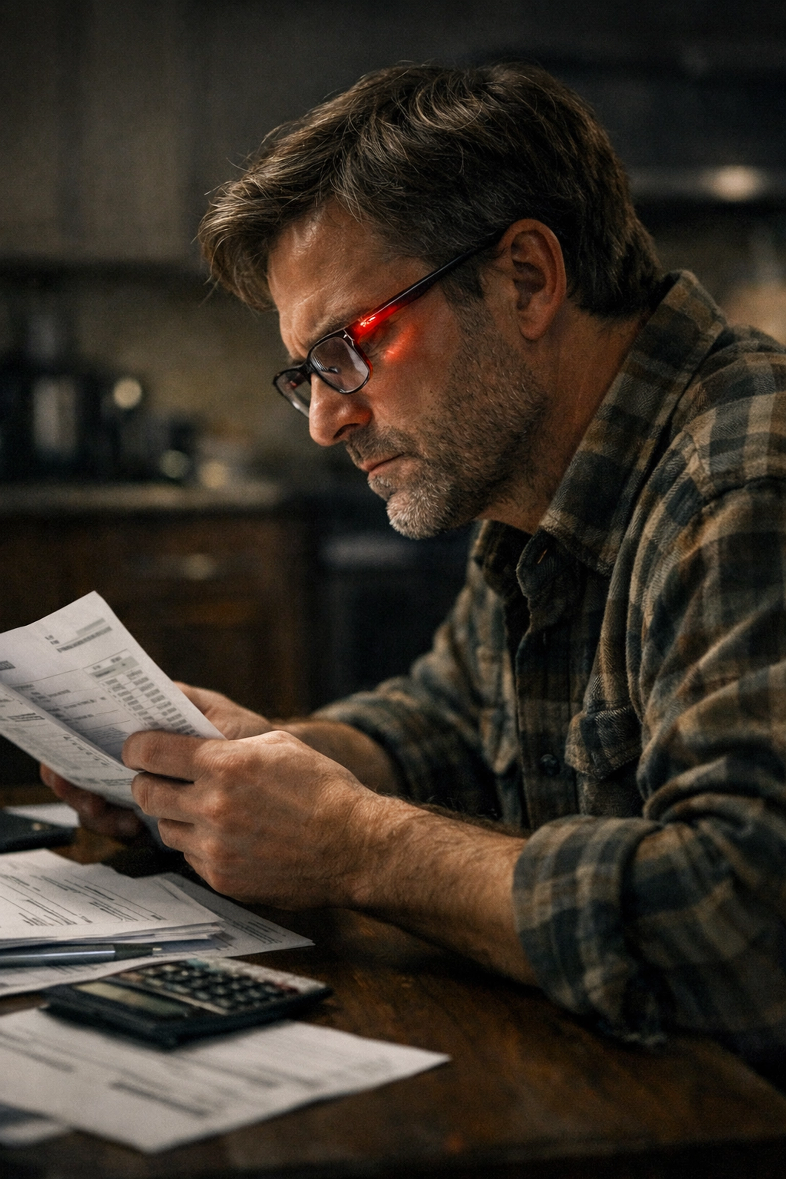 Man reviewing debt statements at night, preparing a tactical extraction from high-interest credit card debt.