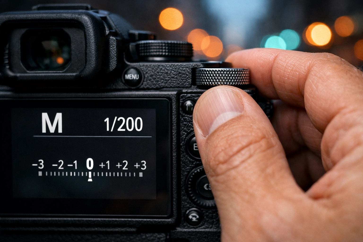 Detail of a photographer learning how to use manual mode camera settings for professional results.