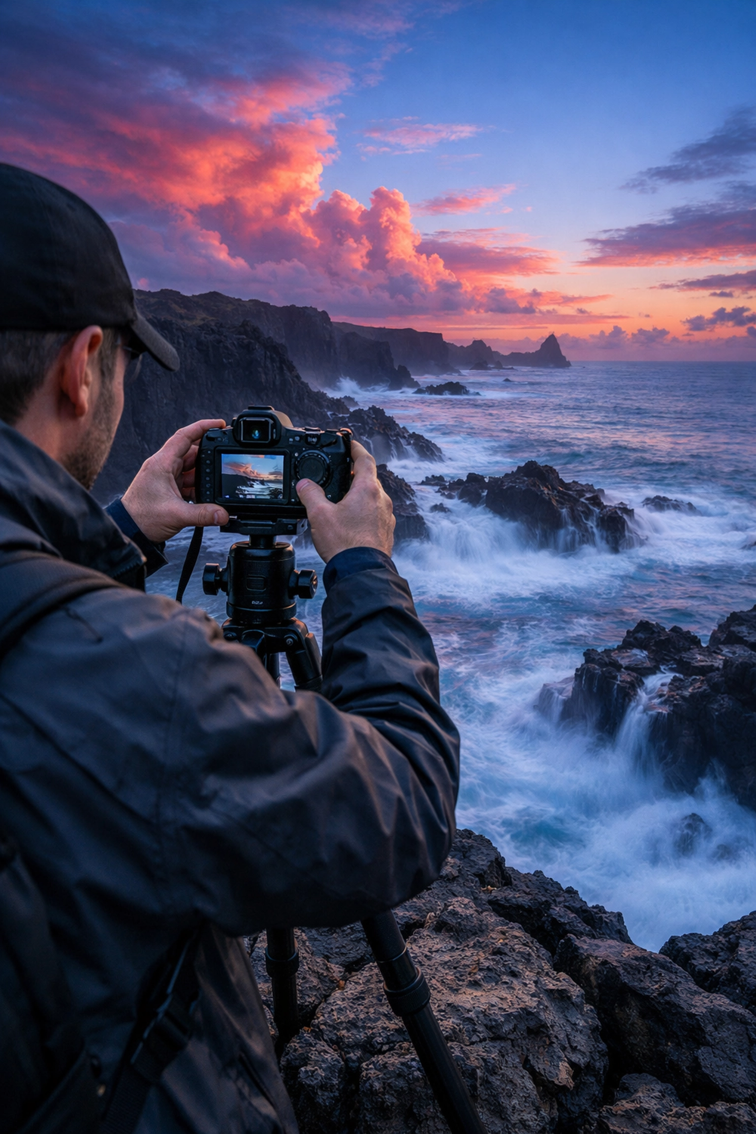 Photographer using a mirrorless camera for sunset photography on a rugged coast during a gear review.