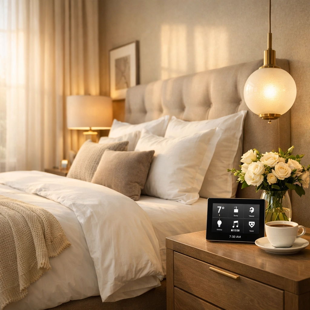 Elegant luxury rental bedroom with premium linens, smart home technology, and designer lighting