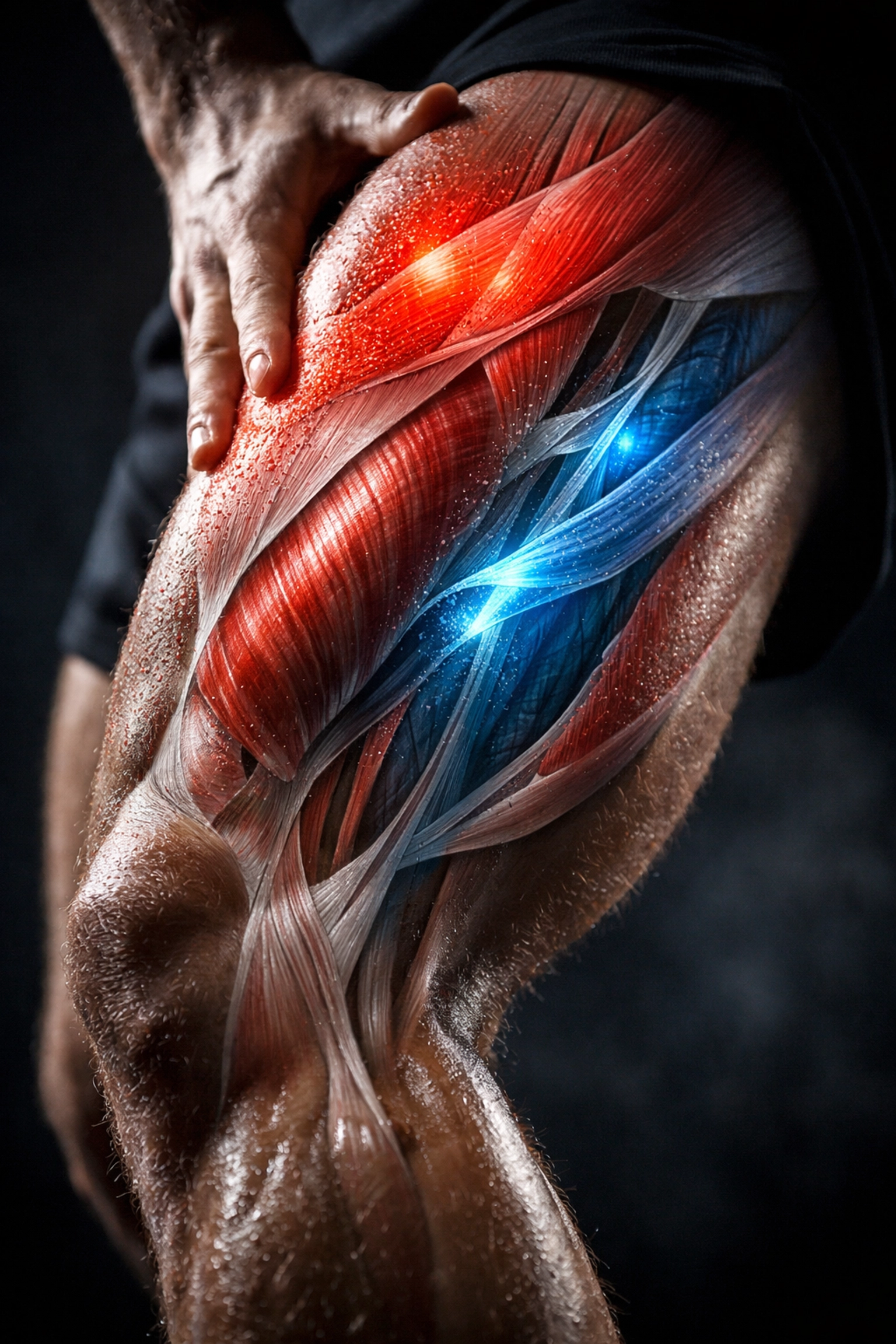 Anatomical view of muscle tissue showing healing zones for recurring sports injury recovery