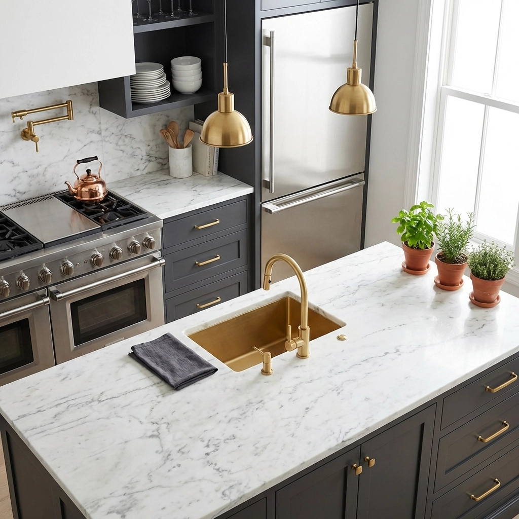 Luxury rental property kitchen with marble counters and gold accents, highlighting high-value inventory management.