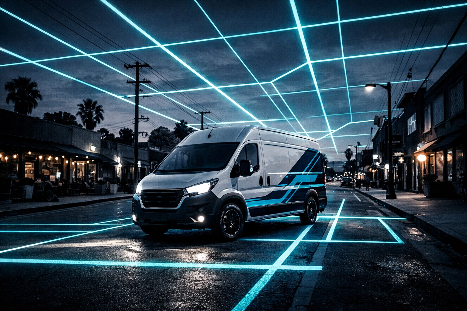 Professional service van in a neighborhood with a digital grid representing local SEO visibility.