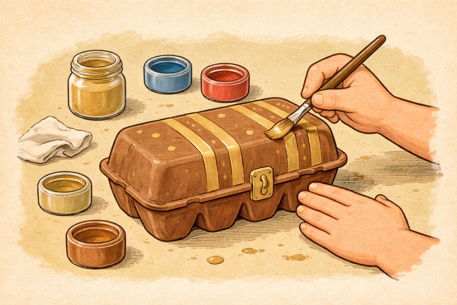 Child adding gold decorative stripes to a brown-painted egg carton treasure box with paints and brushes nearby