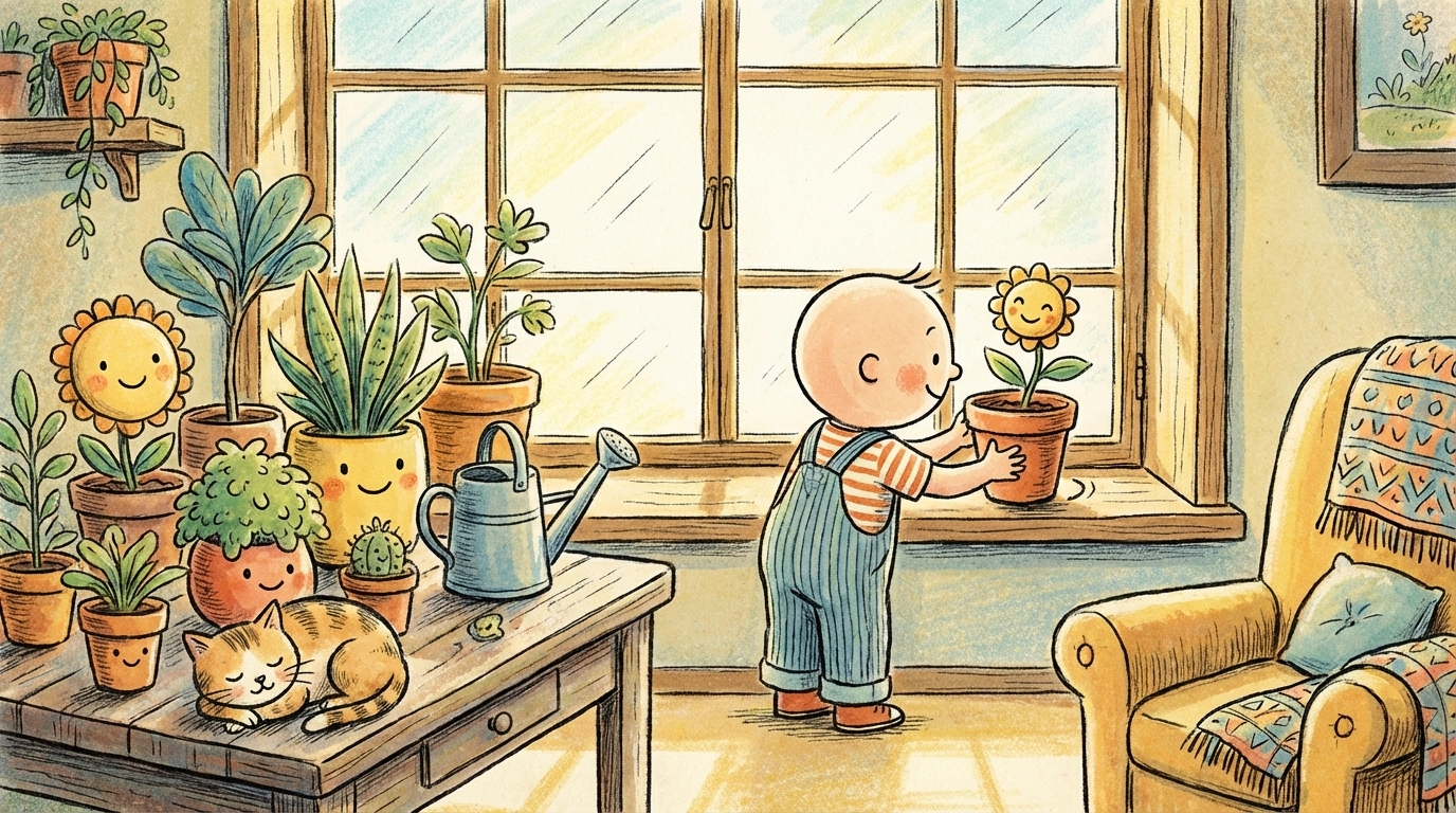 Cozy indoor garden scene with child rotating bright window plants for even sunlight in family gardening