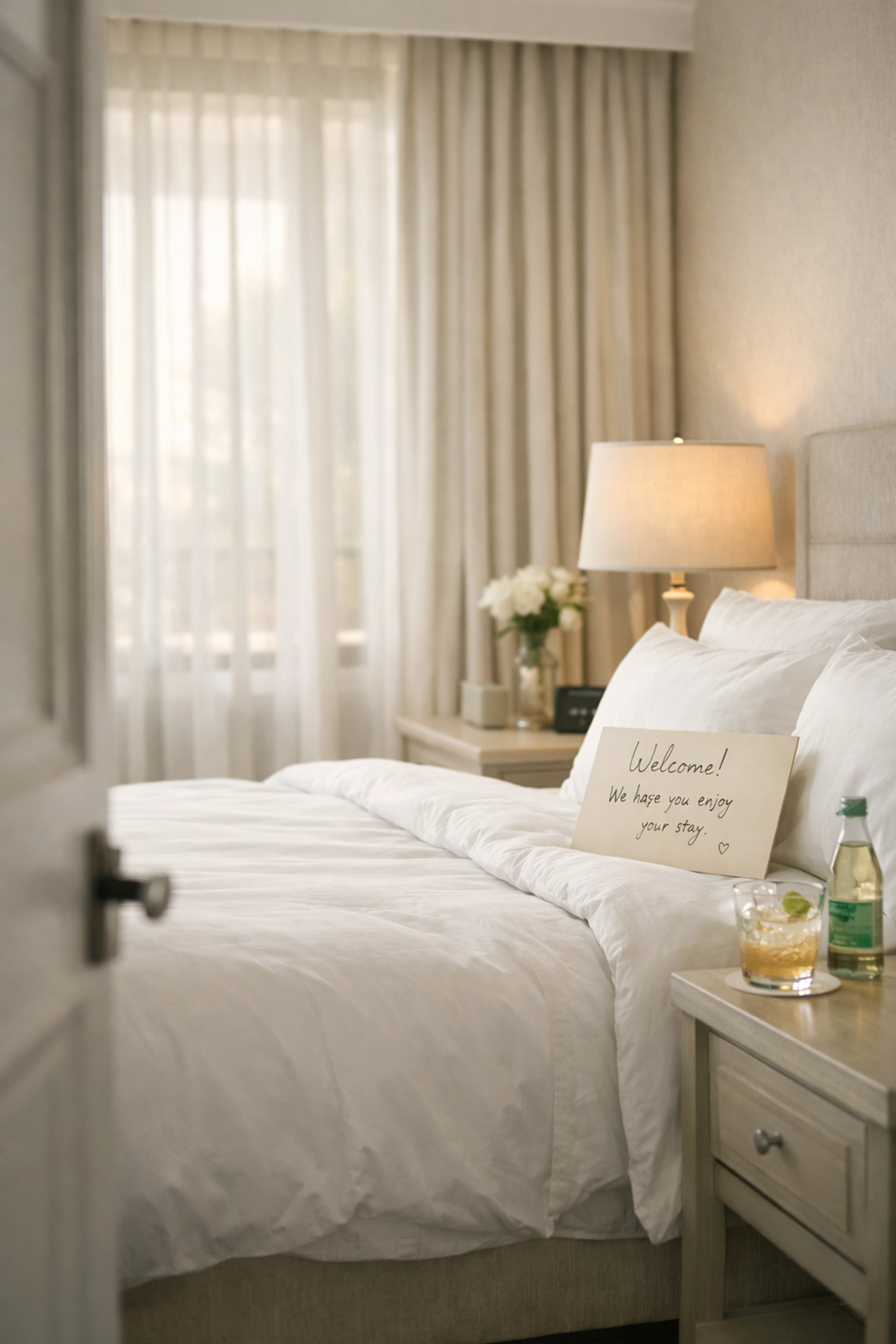 Personalized hotel room with welcome note and customized amenities for returning guest