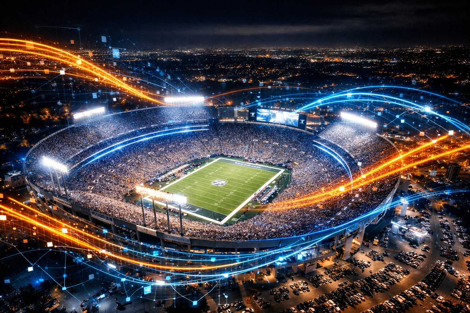 Aerial view of a championship stadium at night with digital light patterns representing the sports arena.